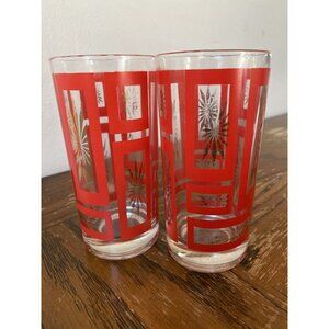 Vintage Jeannette Glass MCM Red Atomic Starburst Cocktail Shaker Bottom Set of 2